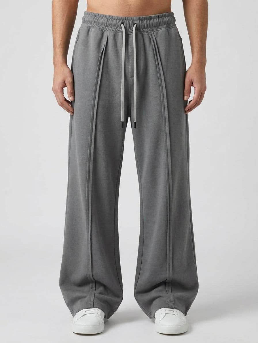 Men’s Grey Loose Fit Baggy Casual Trousers – Premium Cotton Interlock with Front Cut Panel