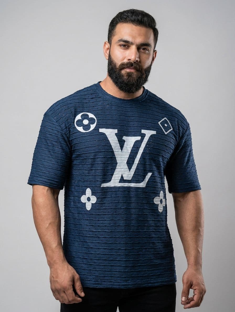 Men's LV Monogram Oversized Drop Shoulder T-Shirt – Deep Blue Chicken Fabric