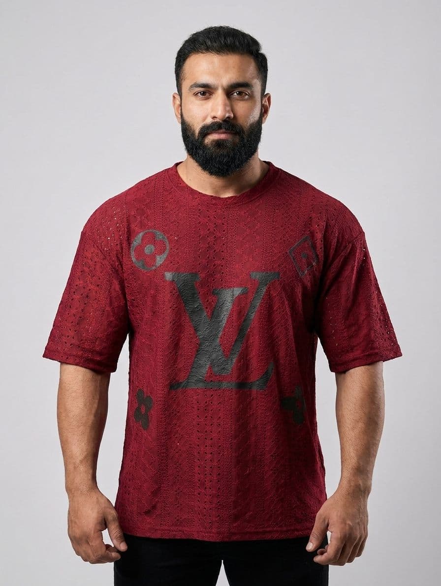 Men's LV Monogram Oversized Drop Shoulder T-Shirt – Deep Red Chicken Fabric